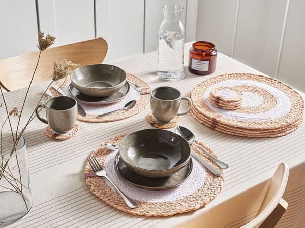 Sæt med 12 dækkeservietter og bordskånere i naturlig jute og bomuld 35/10 cm håndlavede bordskånere til tallerkener og glas boho køkken spisestue