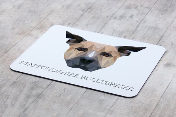 Staffordshire Bull Terrier, Staffik, Staffi - geometrisk pude med foto og inskription til Art-Dog musen
