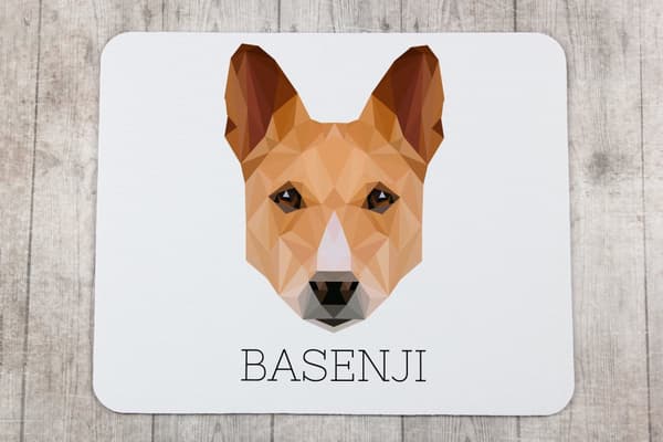 Basenji, Basenji, Kongon koira - geometrinen alusta, jossa on valokuva ja merkintä Art-Dog-hiirelle