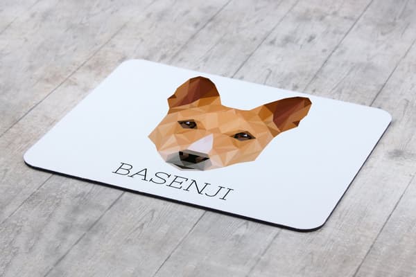 Basenji, Basenji, Kongon koira - geometrinen alusta, jossa on valokuva ja merkintä Art-Dog-hiirelle