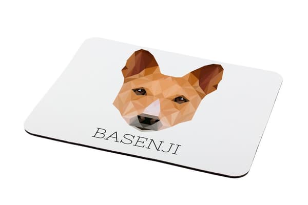 Basenji, Basenji, Kongon koira - geometrinen alusta, jossa on valokuva ja merkintä Art-Dog-hiirelle
