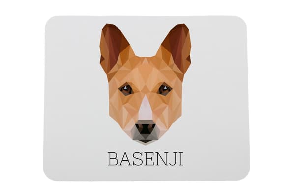 Basenji, Basenji, Kongon koira - geometrinen alusta, jossa on valokuva ja merkintä Art-Dog-hiirelle