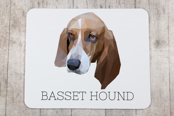 Basset Hound - en geometrisk dyna med ett foto och en inskription för Art-Dog-musen