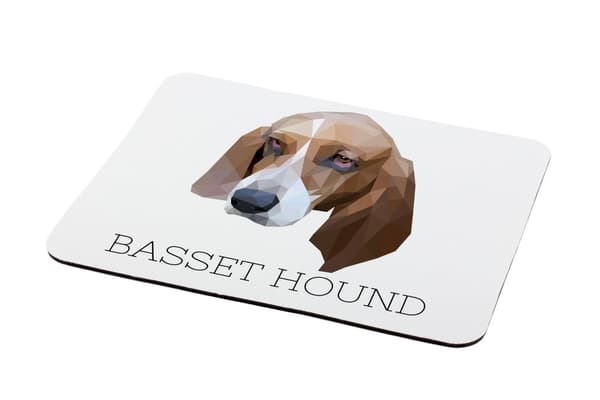 Basset Hound - en geometrisk dyna med ett foto och en inskription för Art-Dog-musen