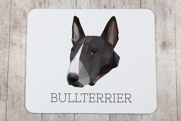 Bull Terrier, Bull Terrier - en geometrisk dyna med ett foto och en inskription för Art-Dog-musen