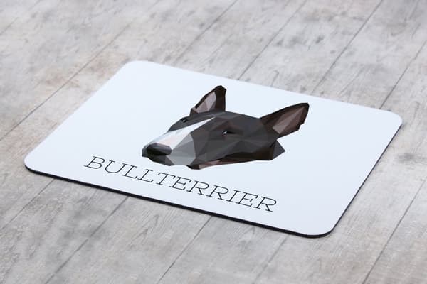 Bull Terrier, Bull Terrier - en geometrisk dyna med ett foto och en inskription för Art-Dog-musen