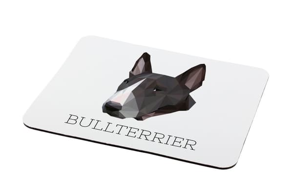 Bull Terrier, Bull Terrier - en geometrisk dyna med ett foto och en inskription för Art-Dog-musen