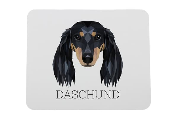 Langhåret gravhund - geometrisk pude med foto og inskription til Art-Dog-musen