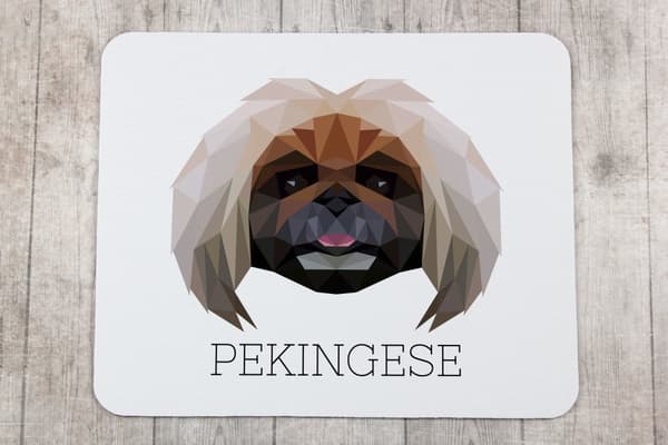 Pekingese - geometrinen alusta, jossa on valokuva ja kirjoitus Art-Dog-hiirelle