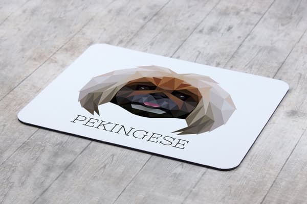 Pekingese - geometrinen alusta, jossa on valokuva ja kirjoitus Art-Dog-hiirelle