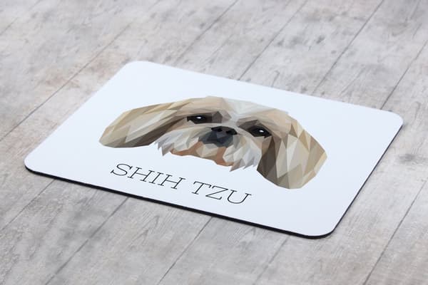 Shih Tzu, Shi tsu, Shi-Tzu, Szi-cu, Szitzu - geometrisk dyna med ett foto och inskription för Art-Dog-musen