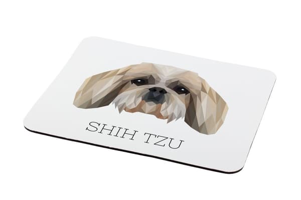 Shih Tzu, Shi tsu, Shi-Tzu, Szi-cu, Szitzu - geometrisk dyna med ett foto och inskription för Art-Dog-musen