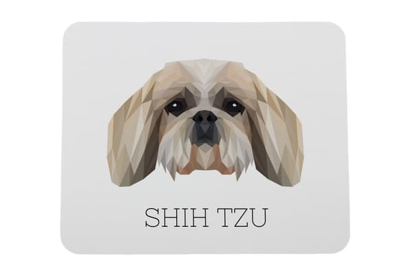 Shih Tzu, Shi tsu, Shi-Tzu, Szi-cu, Szitzu - geometrisk dyna med ett foto och inskription för Art-Dog-musen
