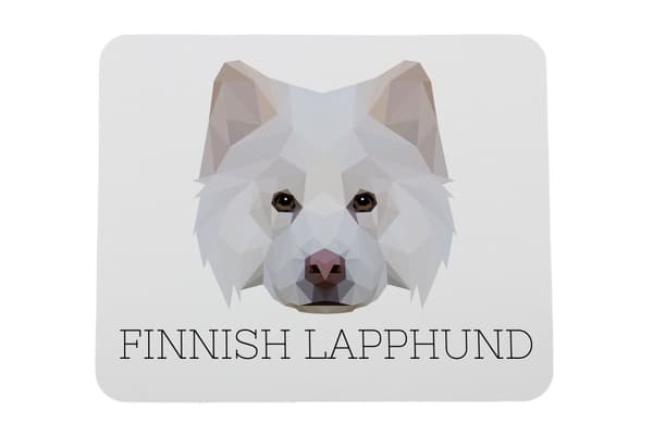 Finsk lapphund, finsk lapphund - en geometrisk dyna med ett foto och en inskription för Art-Dog-musen