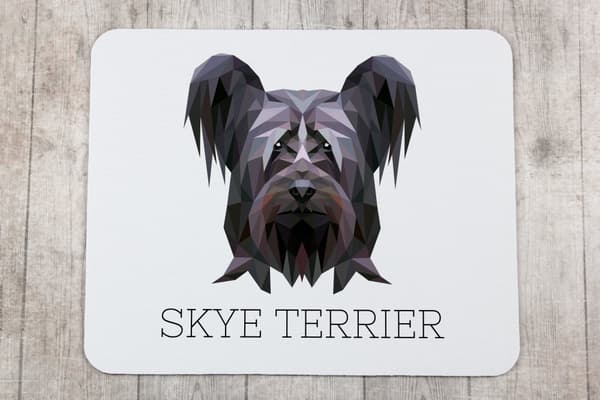Skye Terrier - geometrinen alusta, jossa on valokuva ja merkintä Art-Dog-hiirelle