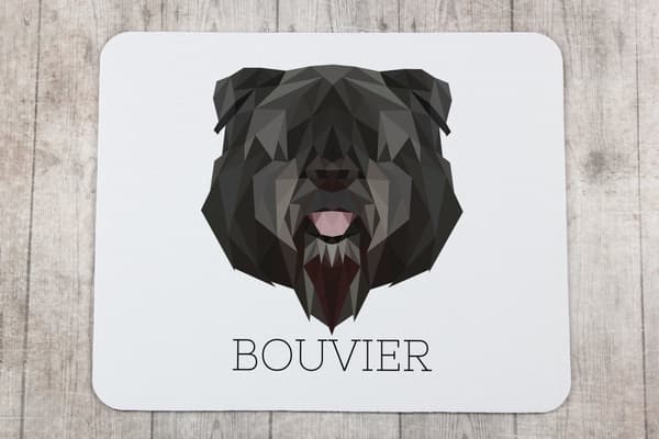 Bouvier des Flandres - geometrinen alusta, jossa on valokuva ja kirjoitus Art-Dog-hiirelle