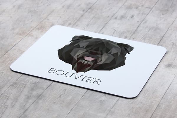 Bouvier des Flandres - geometrinen alusta, jossa on valokuva ja kirjoitus Art-Dog-hiirelle