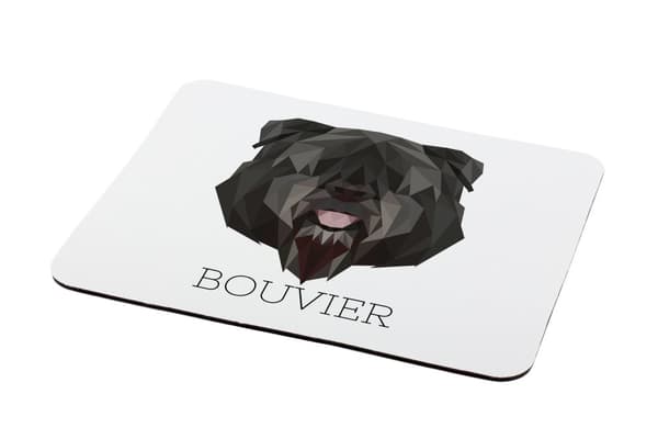 Bouvier des Flandres - geometrinen alusta, jossa on valokuva ja kirjoitus Art-Dog-hiirelle