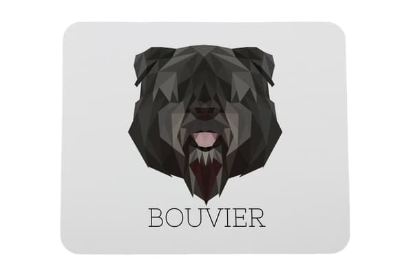 Bouvier des Flandres - geometrinen alusta, jossa on valokuva ja kirjoitus Art-Dog-hiirelle