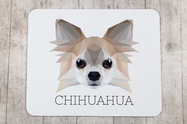 Langhåret Chihuahua - geometrisk pude med foto og inskription til Art-Dog-musen