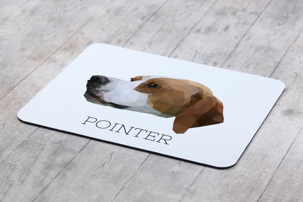 Pointer - en geometrisk pude med et foto og en inskription til Art-Dog-musen