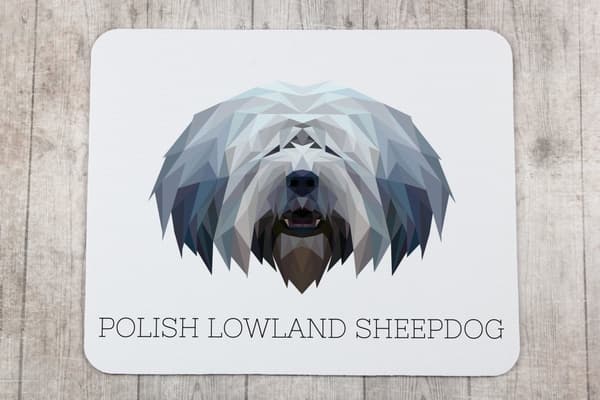 Polsk Lowland Sheepdog, PON - geometrisk dyna med foto och inskription för Art-Dog-musen