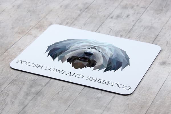 Polsk Lowland Sheepdog, PON - geometrisk dyna med foto och inskription för Art-Dog-musen