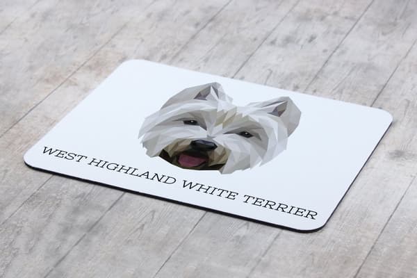 Valkoinen länsiylämaanterrieri, Westie - geometrinen alusta, jossa on valokuva ja kirjoitus Art-Dog-hiirelle