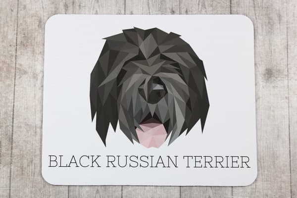 Black Russian terrier, Russian Black Terrier - geometrisk dyna med ett foto och inskription för Art-Dog-musen