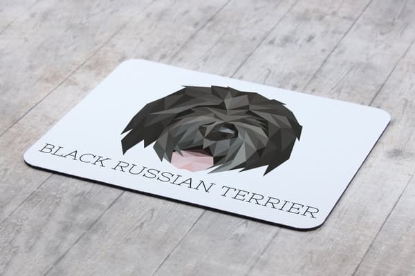 Black Russian terrier, Russian Black Terrier - geometrisk dyna med ett foto och inskription för Art-Dog-musen