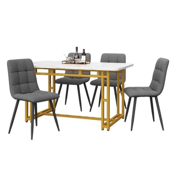 120x70 cm Guld Matbord med 4 Stolar Set, Modern Kök Matbord Set, Mörkgrå Linne Matstolar