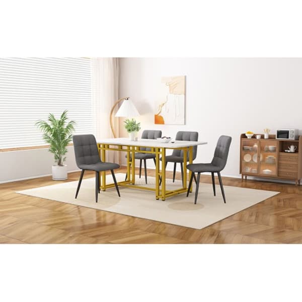 120x70 cm Guld Matbord med 4 Stolar Set, Modern Kök Matbord Set, Mörkgrå Linne Matstolar
