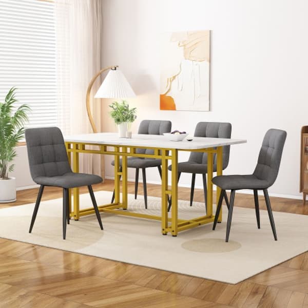 120x70 cm Guld Matbord med 4 Stolar Set, Modern Kök Matbord Set, Mörkgrå Linne Matstolar