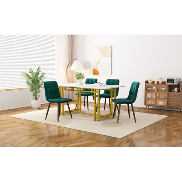 120x70cm Guld Matbord med 4 Stolar Set, Kök Matbord Set, Mörkgrön Sammet Matstolar, Guld Järn Benbord