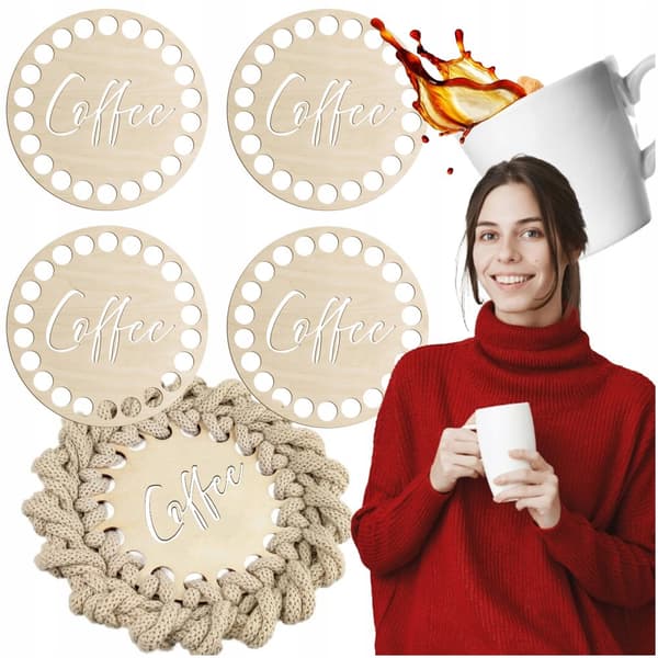 Virkad koppunderlägg 4 st med inskription COFFEE Base KOŁO 10cm