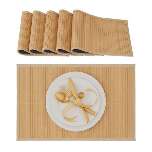 Relaxdays Bordstablett, bambu, set med 6, matbord, 30 x 45 cm, rektangel, tvättbar halkfri matta, naturlig Ljusbrunt