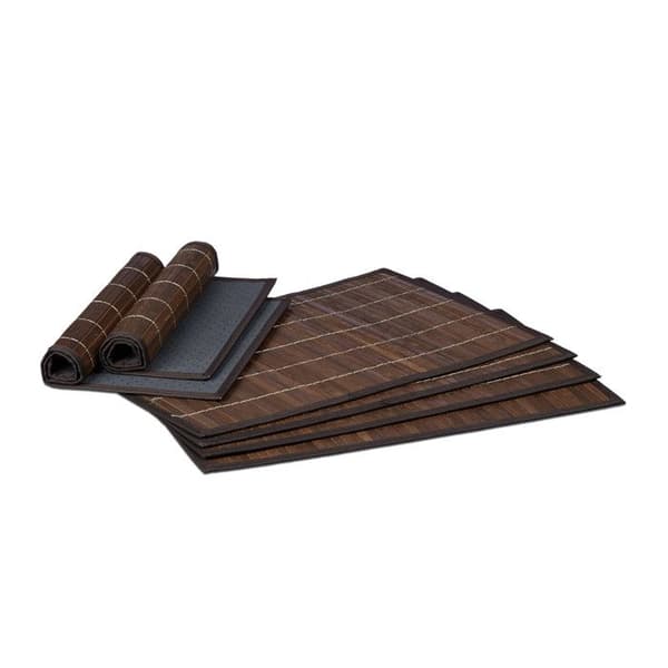 Relaxdays Bordstablett, bambu, set med 6, matbord, 30 x 45 cm, rektangulär, tvättbar halkfri matta, brun Svart, Brun