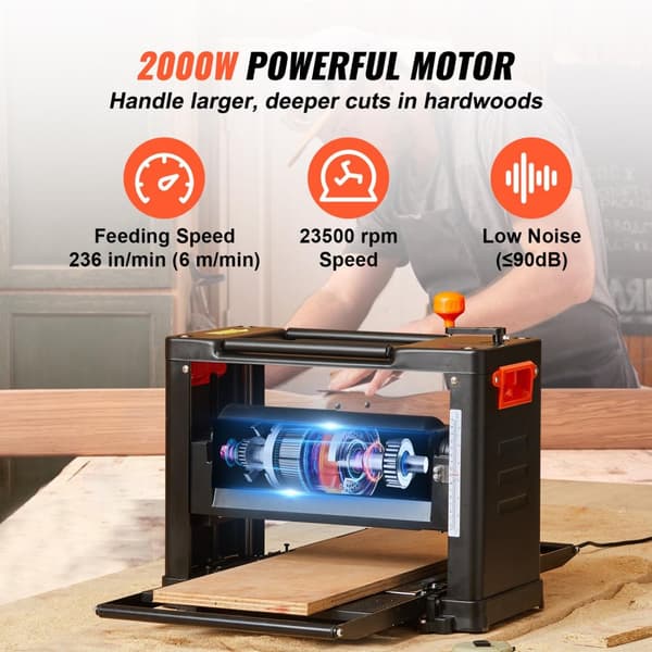 13"/33cm 2000W bänkplatta elektrisk trähyvel med 3 blad, 2 hastigheter, låg dammhyvling, 360° vridbart handtag, med säkerhetsskydd