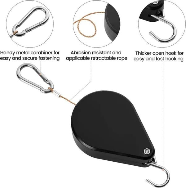 Lollanda Justerbar Växthängare med Pulley, Utdragbar hängande växthängare - Svart, 2-pack för Trädgård