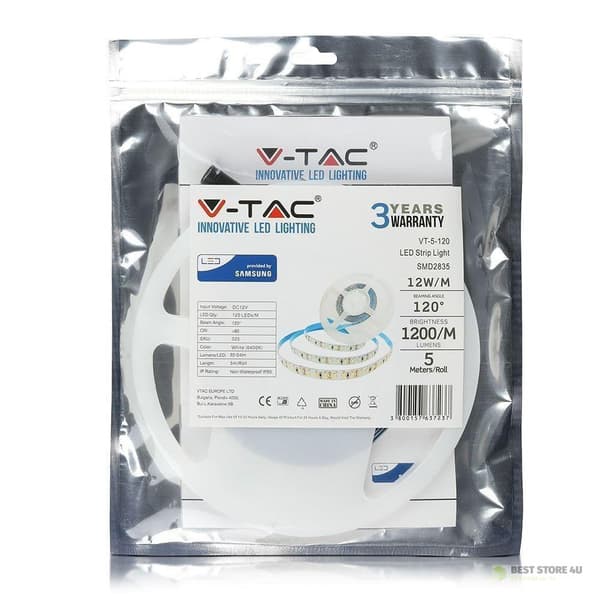 LED-remsa V-TAC SAMSUNG CHIP 2835 600LED 12V IP20 12W/m VT-5-120 6000K 1200lm 3 års garanti