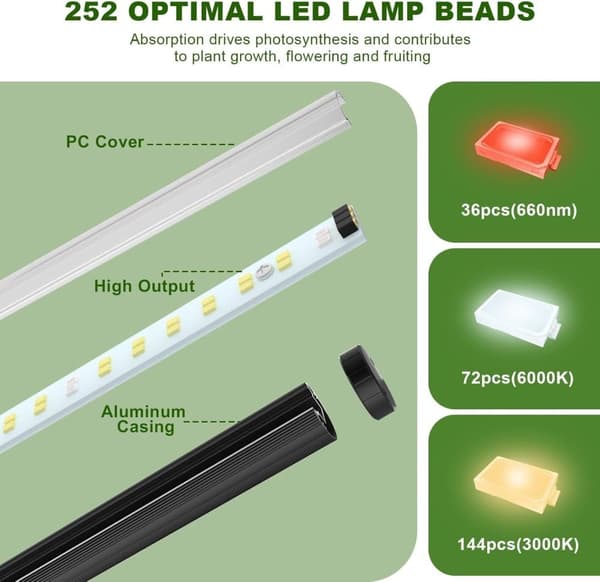 OBOSOE Växtlampa Inomhus 125cm - Fullspektrum LED Växtljus med Timer & 10 Dimningsnivåer - Stående Växtlampa för Växthus med Hängaccessoarer