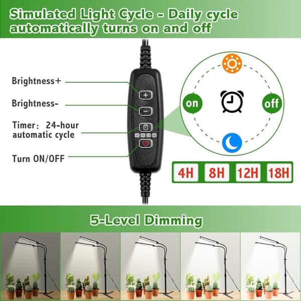 OBOSOE Double Arm Grow Light - Fuldspektret LED indendørs vækstlys med automatisk tænd/sluk og 5 dæmpningsniveauer - højdejusterbar 25-63cm