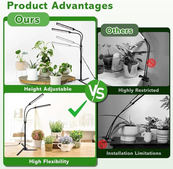OBOSOE Double Arm Grow Light - Fuldspektret LED indendørs vækstlys med automatisk tænd/sluk og 5 dæmpningsniveauer - højdejusterbar 25-63cm