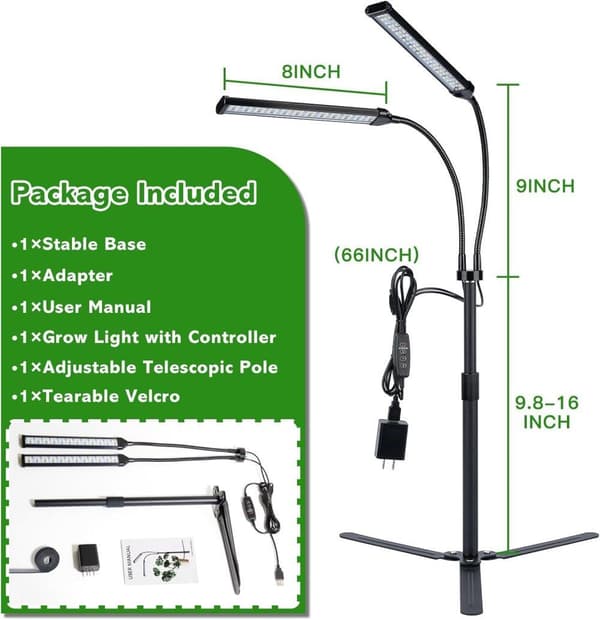 OBOSOE Double Arm Grow Light - Fuldspektret LED indendørs vækstlys med automatisk tænd/sluk og 5 dæmpningsniveauer - højdejusterbar 25-63cm