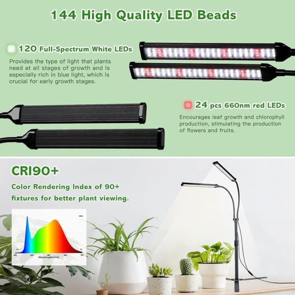 OBOSOE Double Arm Grow Light - Fuldspektret LED indendørs vækstlys med automatisk tænd/sluk og 5 dæmpningsniveauer - højdejusterbar 25-63cm