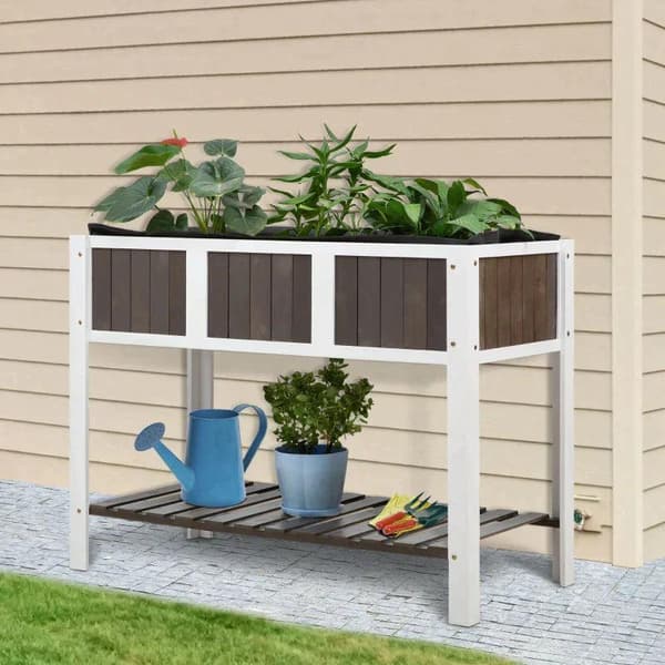 Rootz Højbed - Plantebord - Havebord - Havebede i træ til grøntsager - Blomsterplanter med hylde - Hvid/Grå - 119 x 57 x 89 cm
