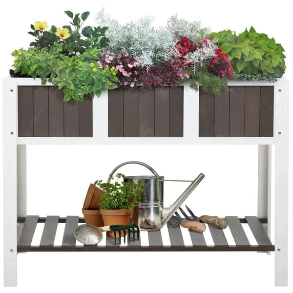 Rootz Højbed - Plantebord - Havebord - Havebede i træ til grøntsager - Blomsterplanter med hylde - Hvid/Grå - 119 x 57 x 89 cm