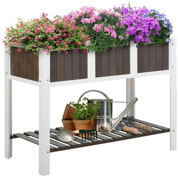 Rootz Højbed - Plantebord - Havebord - Havebede i træ til grøntsager - Blomsterplanter med hylde - Hvid/Grå - 119 x 57 x 89 cm