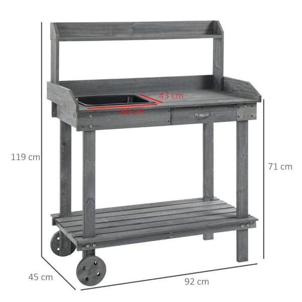 Rootz Plantebord - Plantebord i træ med skuffe - 2 aftagelige hjul - Grantræ - Brun - 92 cm x 45 cm x 119 cm