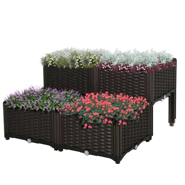 Rootz Upphöjd säng - Planteringslåda - Trädgårdsplanteringslåda - Planteringslåda med dräneringshål - Blomlåda i rottinglook - Brun - 40 x 40 x 44 cm